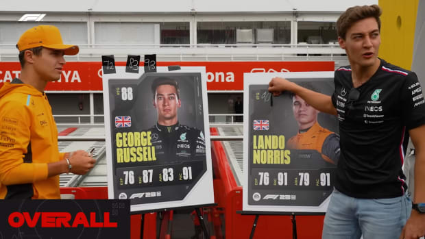 Lando Norris and George Russell react to their F1 23 ratings.